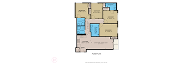 A floor plan of a house with a living room, dining room, kitchen, and several bedrooms.