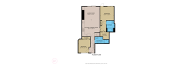 A floor plan of a house with a living room, two bedrooms, a kitchen, a dining room, a bathroom, and two closets.