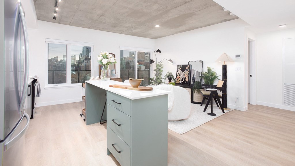 a living area with a kitchen and a living room