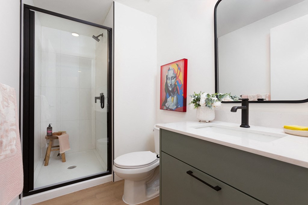a bathroom with a shower and a sink and a toilet