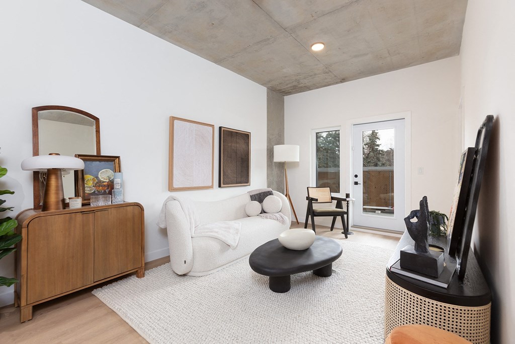 a living room with a white couch and a white rug