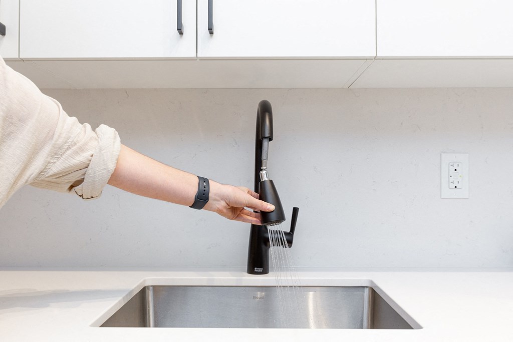 a person holding a kitchen faucet over a sink