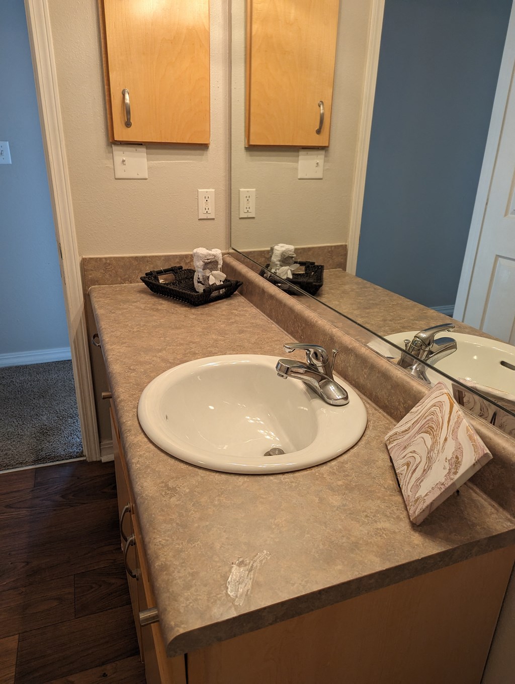 a bathroom with a sink and a mirror