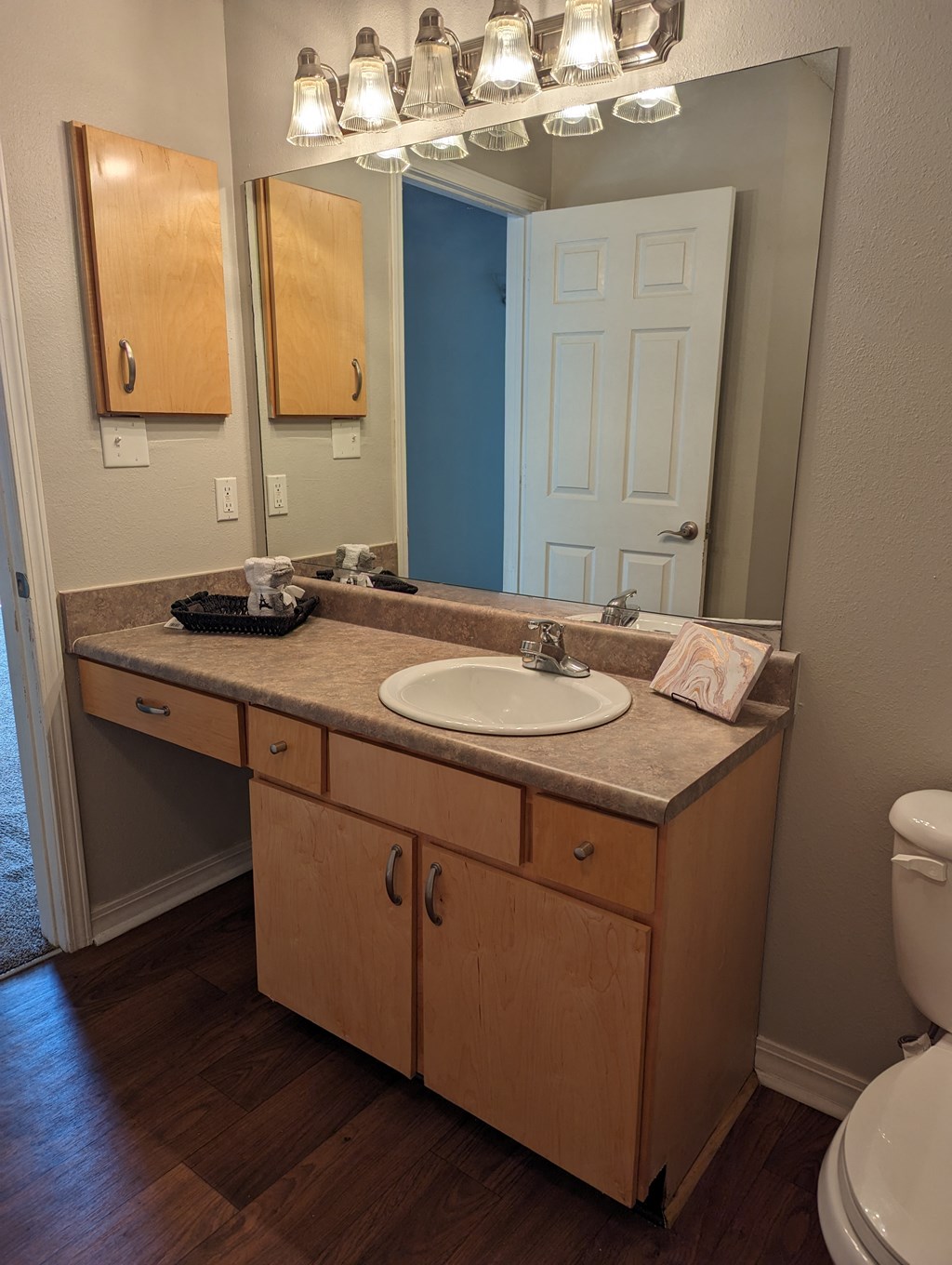 a bathroom with a sink and a mirror and a toilet