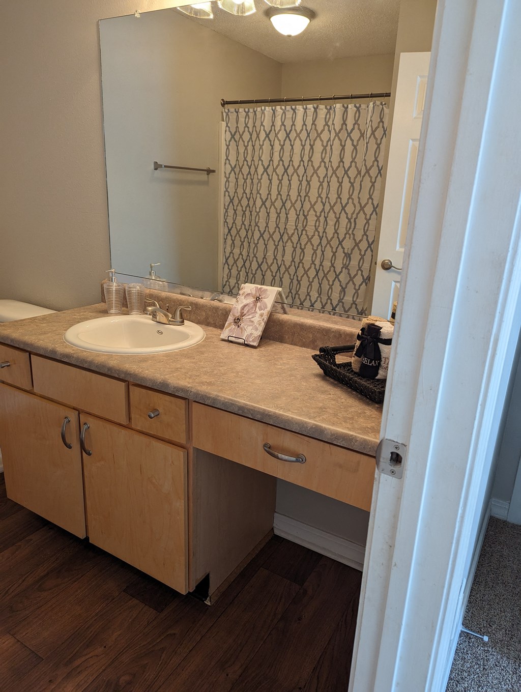 a bathroom with a sink and a mirror