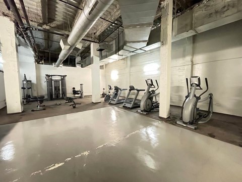 A gym with a row of treadmills and elliptical machines.