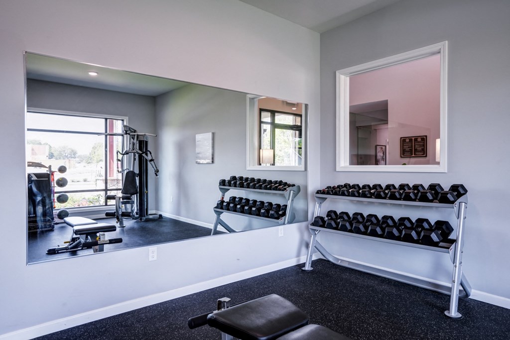 A gym room with a mirror, dumbbells, and a bench.