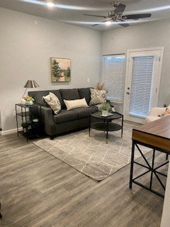 a living room with a couch and a table