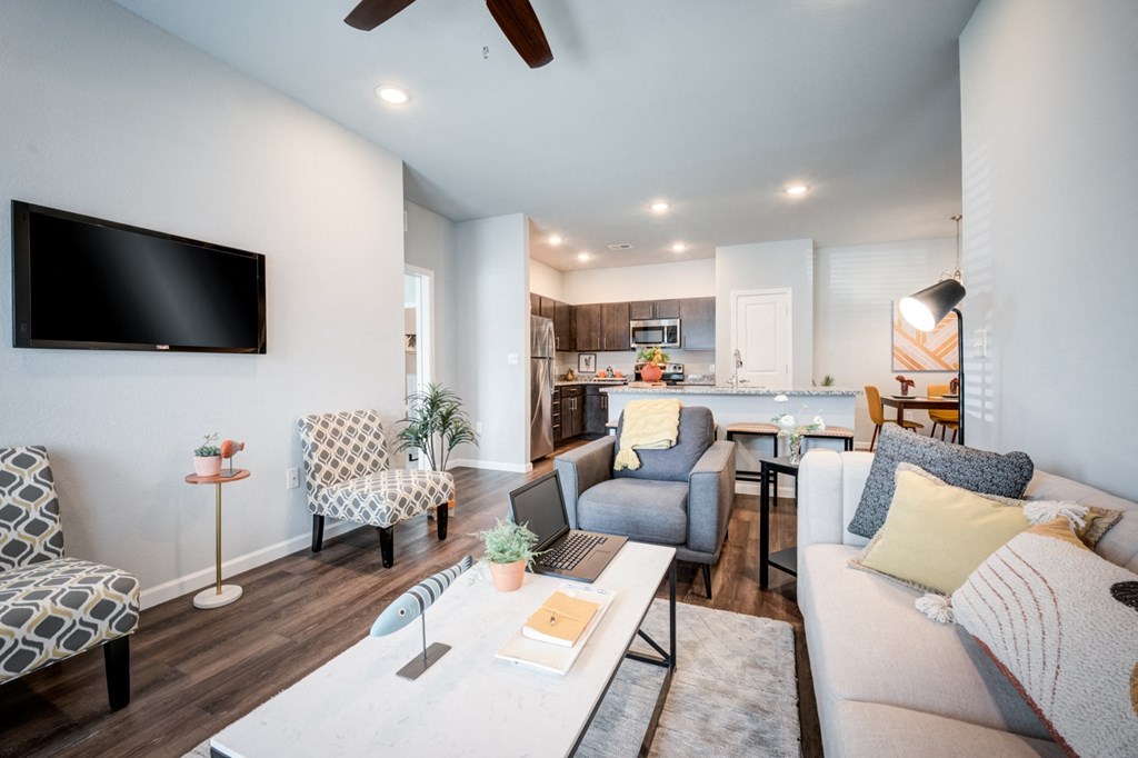 a living room with couches and a table with a laptop