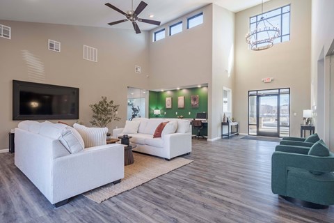 A living room with a white couch and a green armchair.