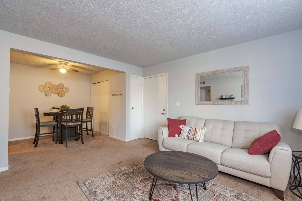 A living room with a couch, a dining table, and a rug.