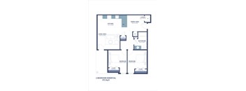 A floor plan of a 2 bedroom essential apartment with dimensions.