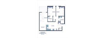 A floor plan of a 2 bedroom apartment with a living area, dining area, kitchen, and two bathrooms.