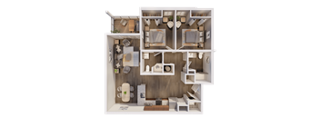 A model of a house with a kitchen, living room, and bathroom.
