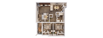 A 3D floor plan of a house with multiple rooms and furniture.