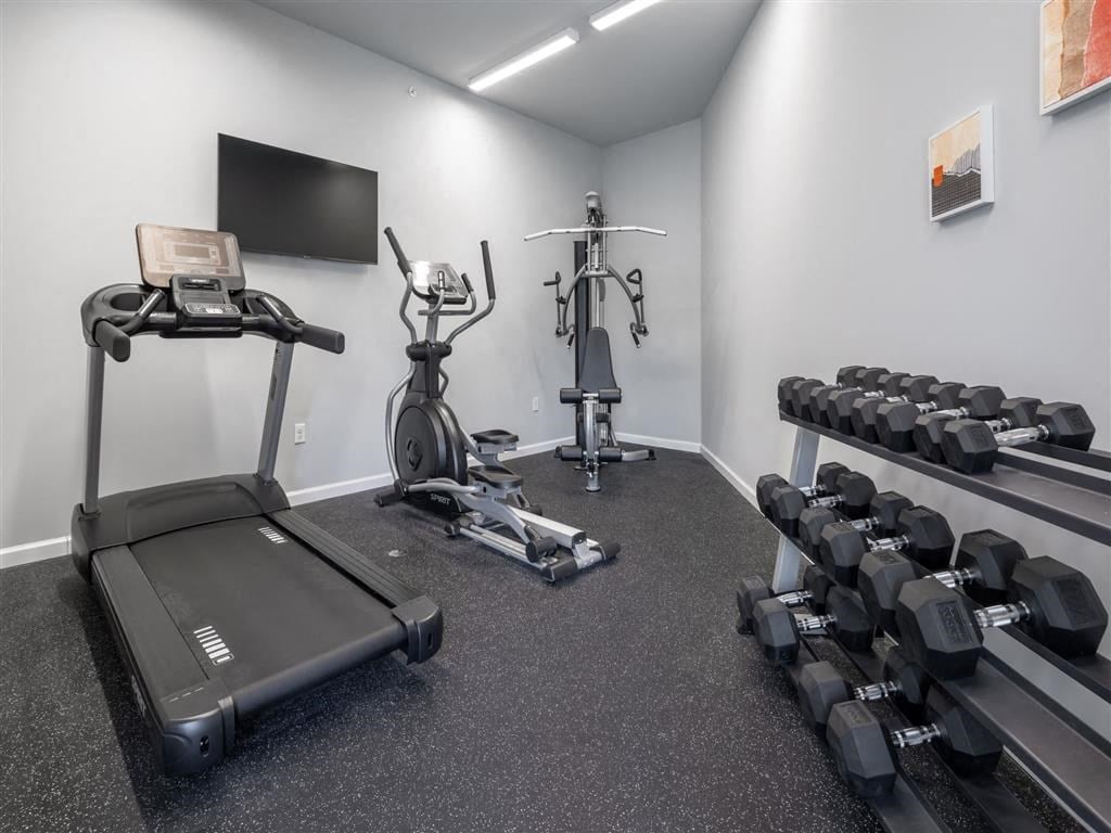 the gym at the flats at big tex apartments