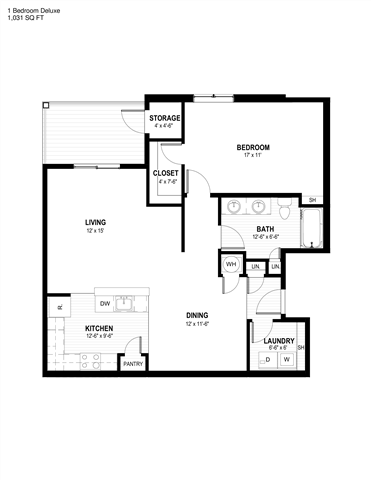 a floor plan of a studio apartment with a bedroom and a living room