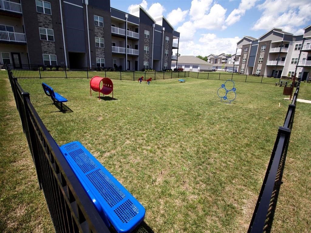 a dog park with agility equipment in front of an apartment building