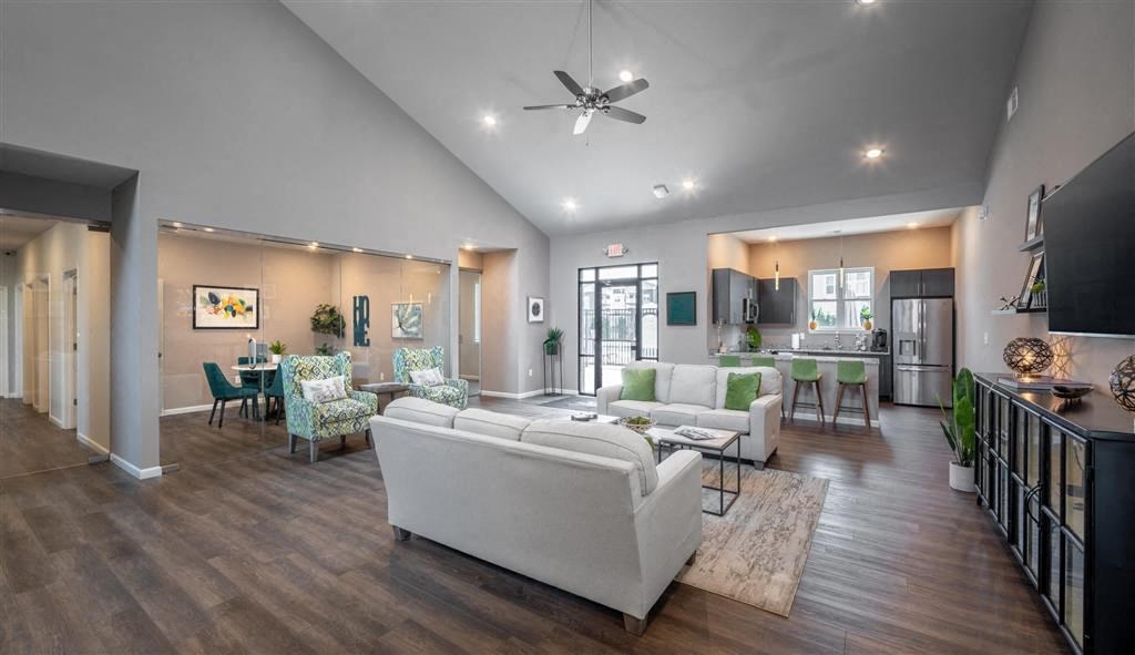 a living room with a couch and a table