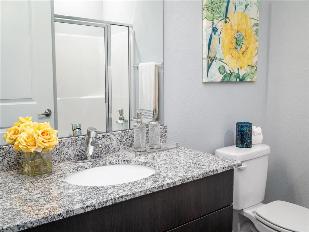 a bathroom with a granite counter top and a mirror
