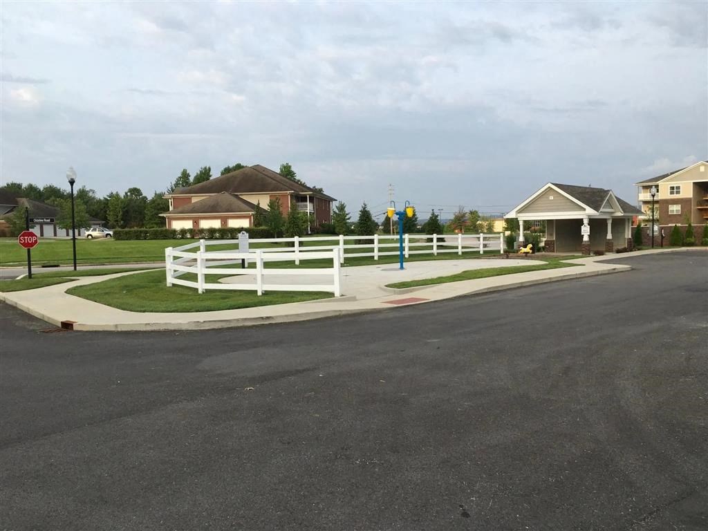 a street corner with houses and a white fence