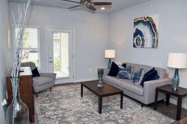 a living room with a couch and a table