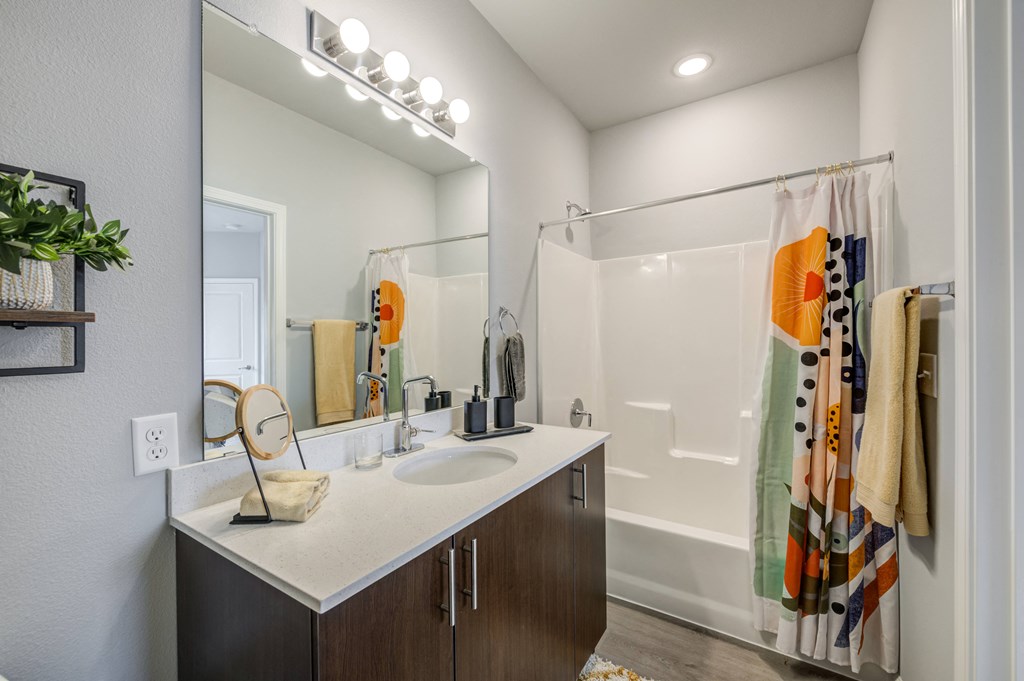 a bathroom with a sink and a shower and a mirror
