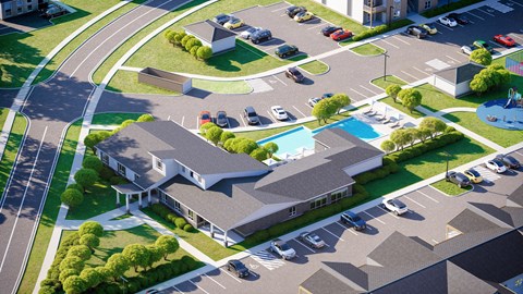 A bird's eye view of a residential area with houses, cars, and a swimming pool.