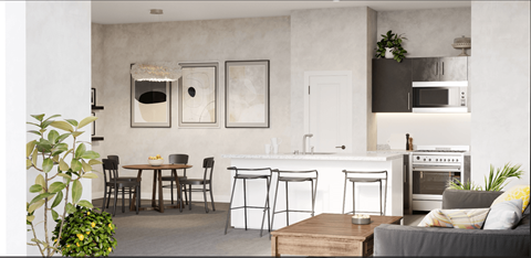 A modern kitchen with a dining table and chairs.