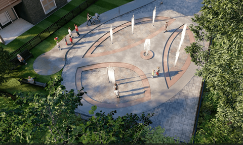 A playground with a slide, swings, and a seesaw.