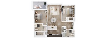 a 3d drawing of a bedroom with a bathroom and a living room