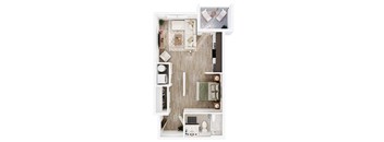 a stylized floor plan of a bedroom with a bathroom