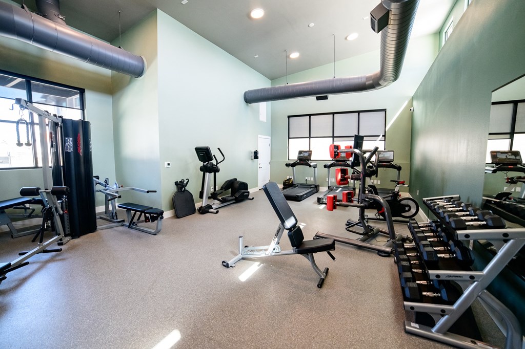 a gym with cardio equipment and weights on the floor
