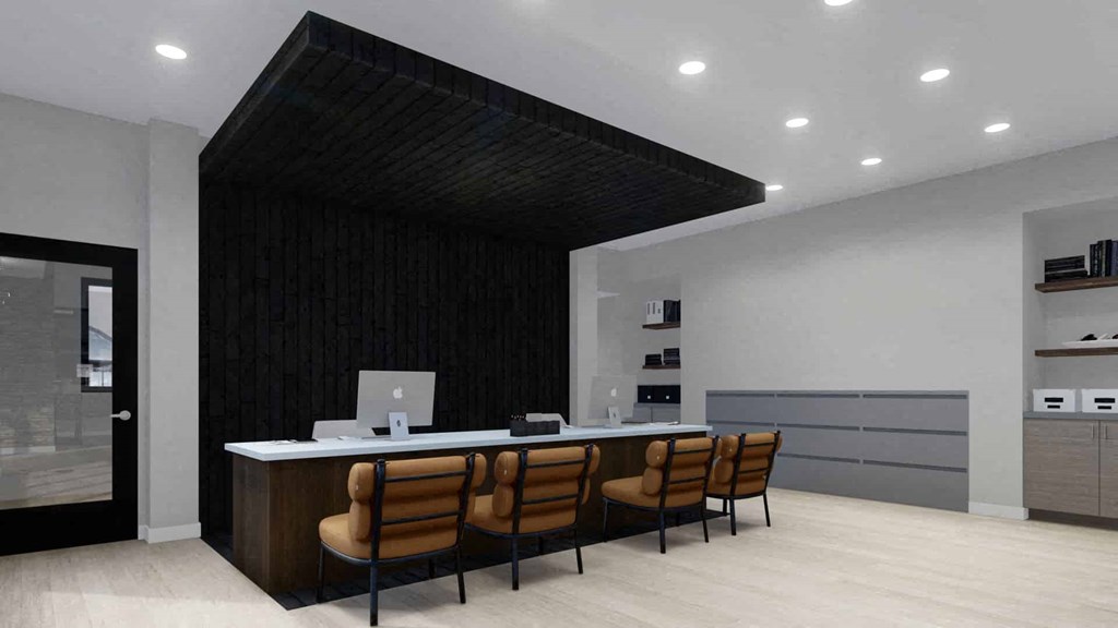 a desk and chairs in a room