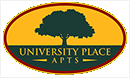 A logo with a tree and the words "University Place APTS" written on it.