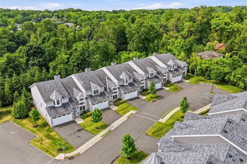 A bird's eye view of a residential area with houses and trees.