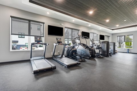 A gym with treadmills, exercise bikes, and other equipment.