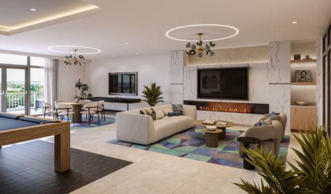 A modern living room with a pool table and a fireplace.