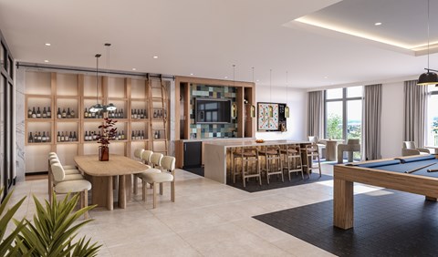A modern living room with a pool table and a bar area.