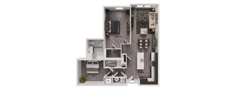 A 3D floor plan of a house with labeled rooms.