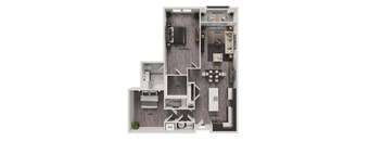 A floor plan of a small apartment with a living room, kitchen, and two bathrooms.
