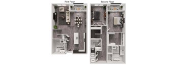 A diagram of a two-story apartment with labeled rooms.