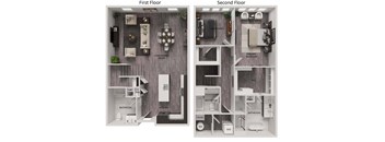A floor plan of a two-story apartment with labeled rooms.