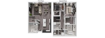 A diagram of a two-story apartment with labeled rooms.