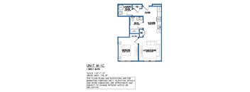A floor plan for a unit M-1C shows a living room, a kitchen, a bathroom, and a laundry room.