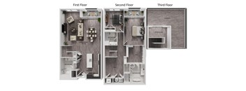 A diagram of a three-story apartment layout.