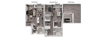 A diagram of a house showing the layout of the first, second, and third floors.