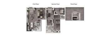 A diagram of a house showing the layout of the first, second, and third floors.