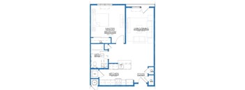 A blue line drawing of a house floor plan with labeled rooms.