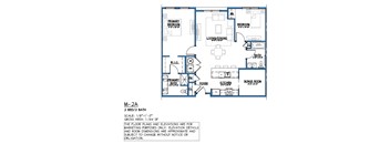 A blueprint of a 2 bedroom apartment with a living room, kitchen, and bathroom.